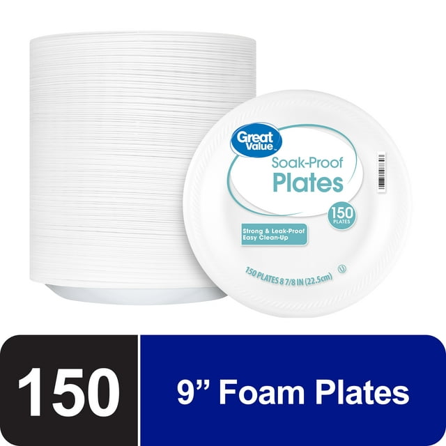 Great Value Soak Proof Foam Foam Plates, White, 9 in, 150 Count