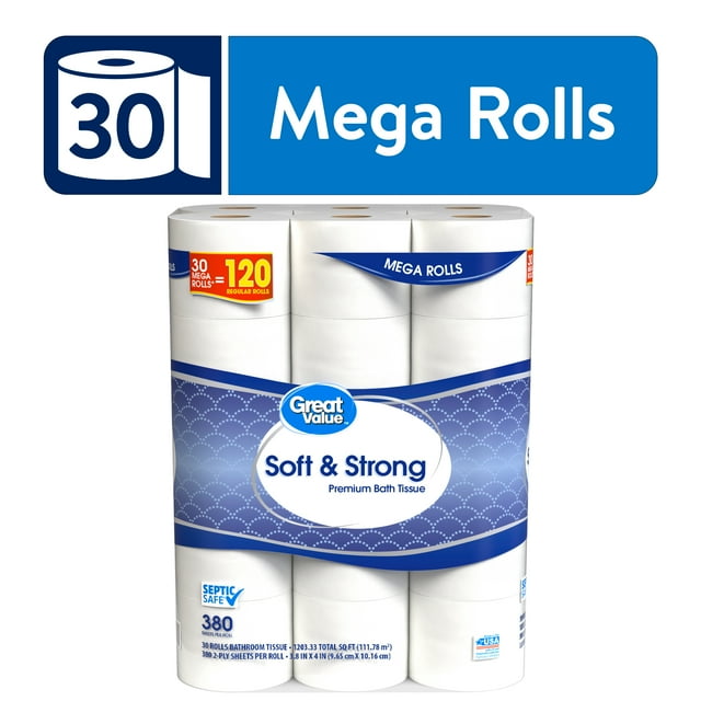 Great Value Soft & Strong Premium Toilet Paper, 30 Mega Rolls, 380