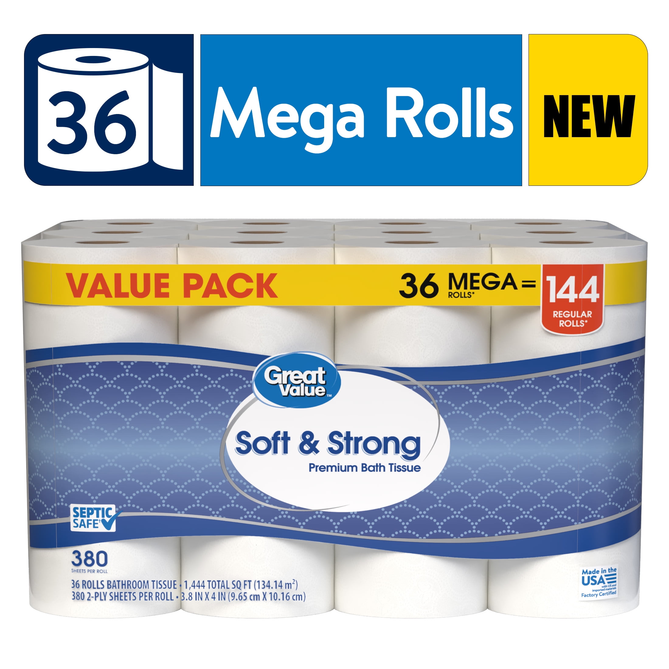 Great Value Soft & Strong Premium Toilet Paper, 36 Mega Rolls, 380 Sheets per Roll