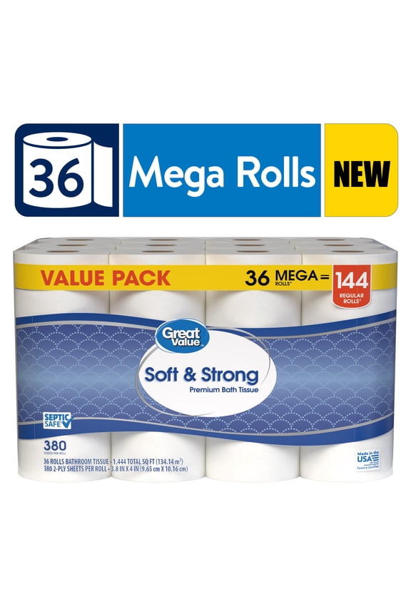 Soft & Strong Premium Toilet Paper, 36 Mega Rolls, 380 Sheets per Roll