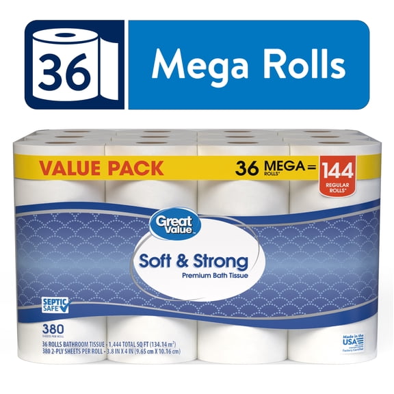 Great Value Soft & Strong Premium Toilet Paper, 36 Mega Rolls, 380 Sheets per Roll