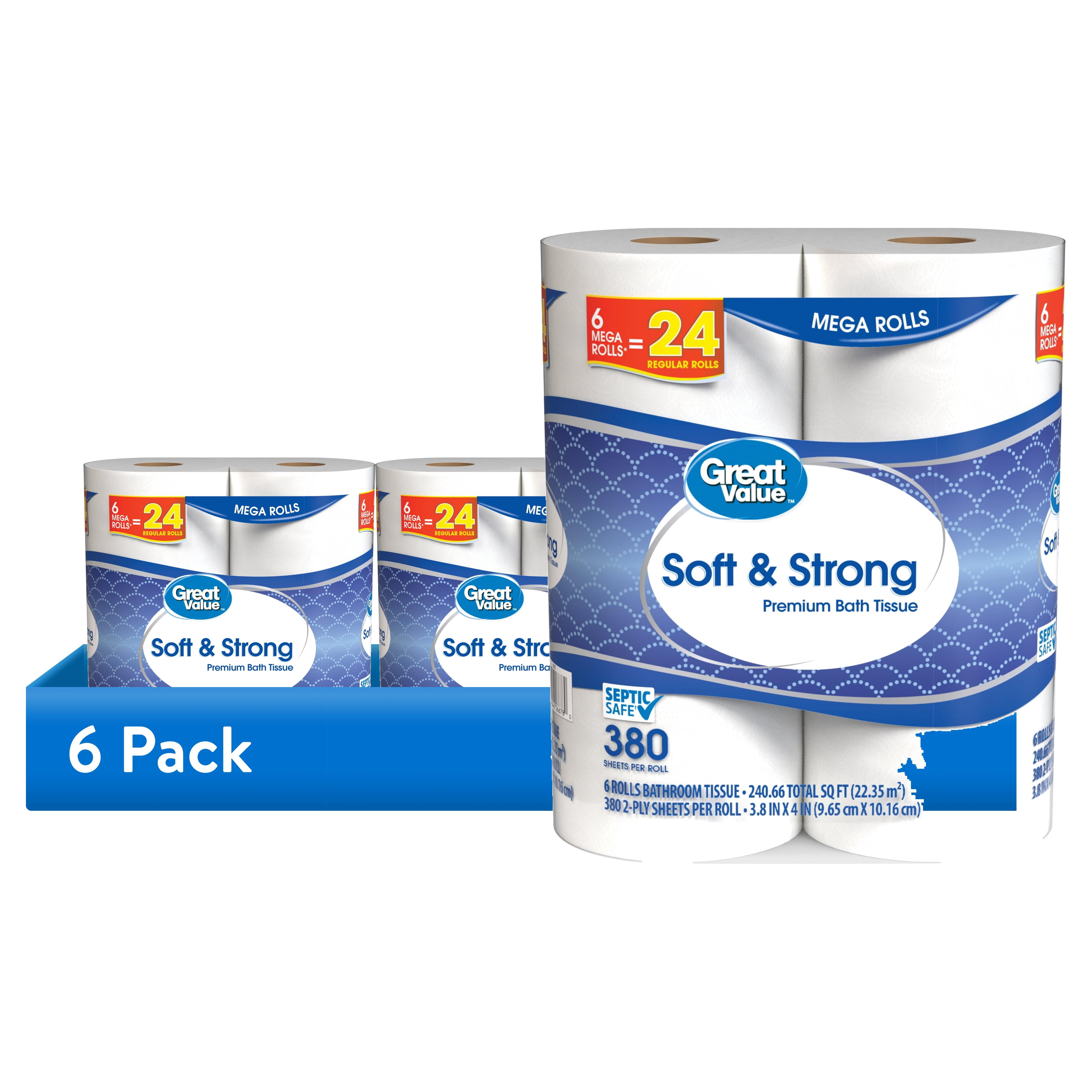 (6 pack) Great Value Soft & Strong Premium Toilet Paper, 6 Mega Rolls, 380 Sheets per Roll
