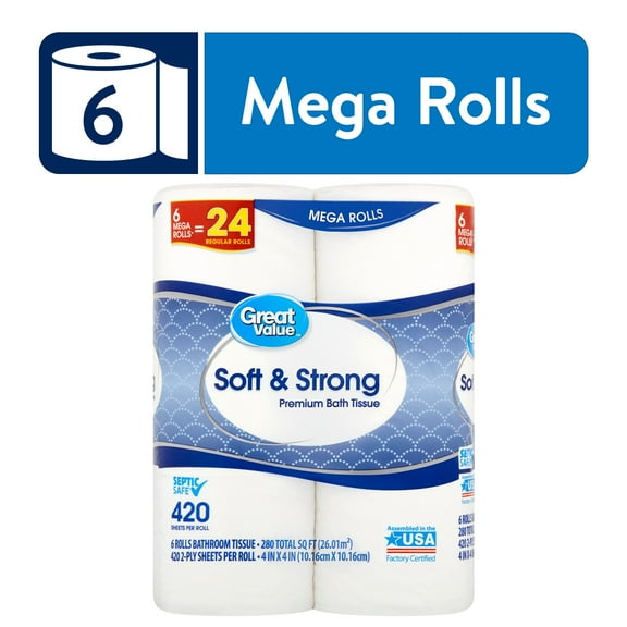 Great Value Soft & Strong Premium Toilet Paper, 6 Mega Rolls