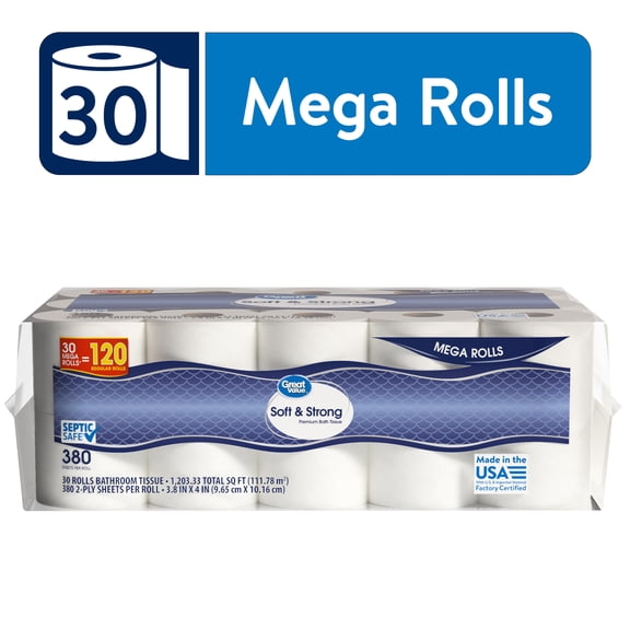 Great Value Soft and Strong Premium Toilet Paper, 30 Mega Rolls, 380 sheets per roll