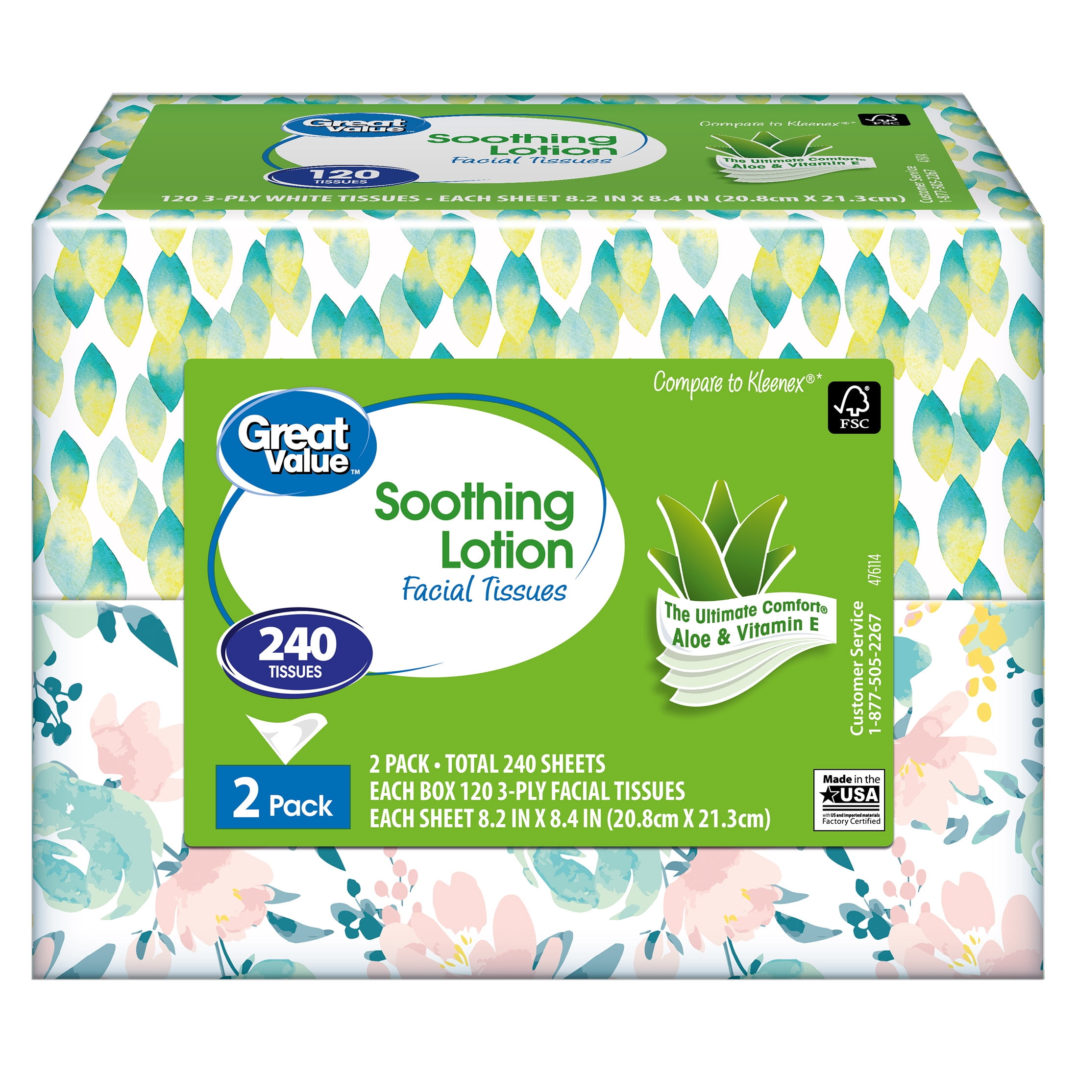 Great Value Soothing Lotion 3Ply Flat Box Facial Tissues, 2 Pack (240