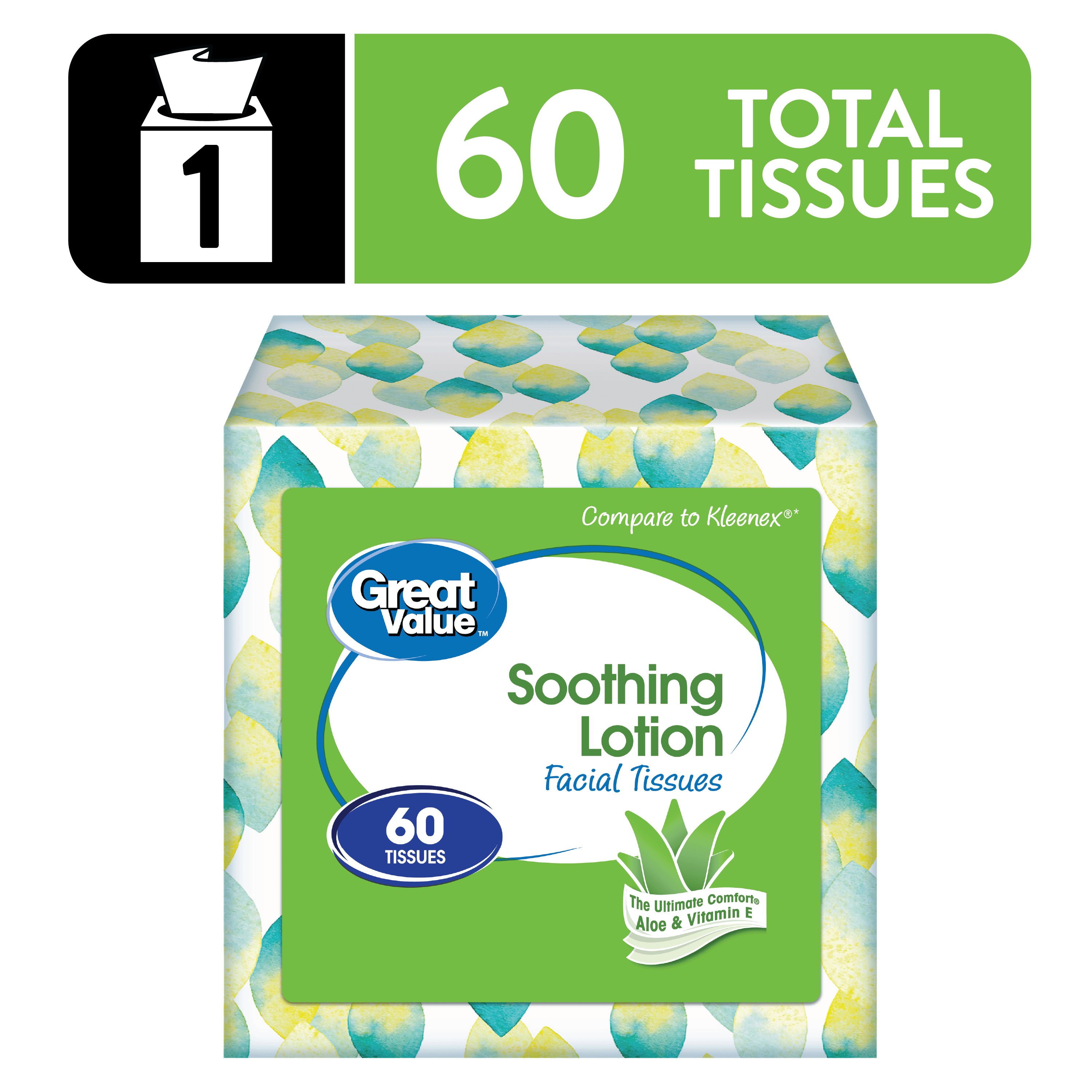 Great Value Soothing Lotion Facial Tissues, 1 Cube, 60 Tissues per Cube, 3-Ply