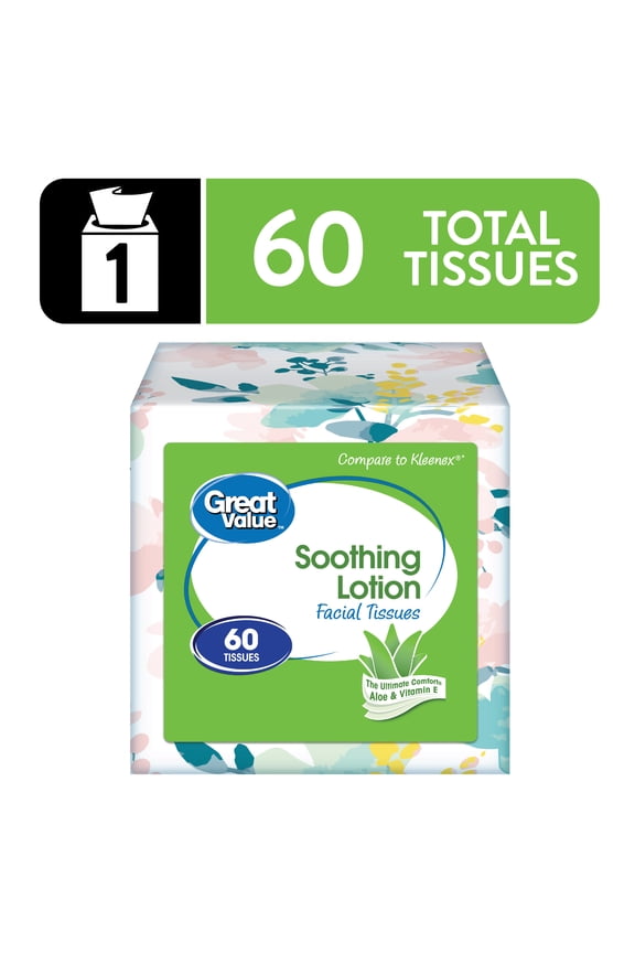 Soothing Lotion Facial Tissues, 1 Cube, 60 Tissues per Cube, 3-Ply, Compare to Kleenex®