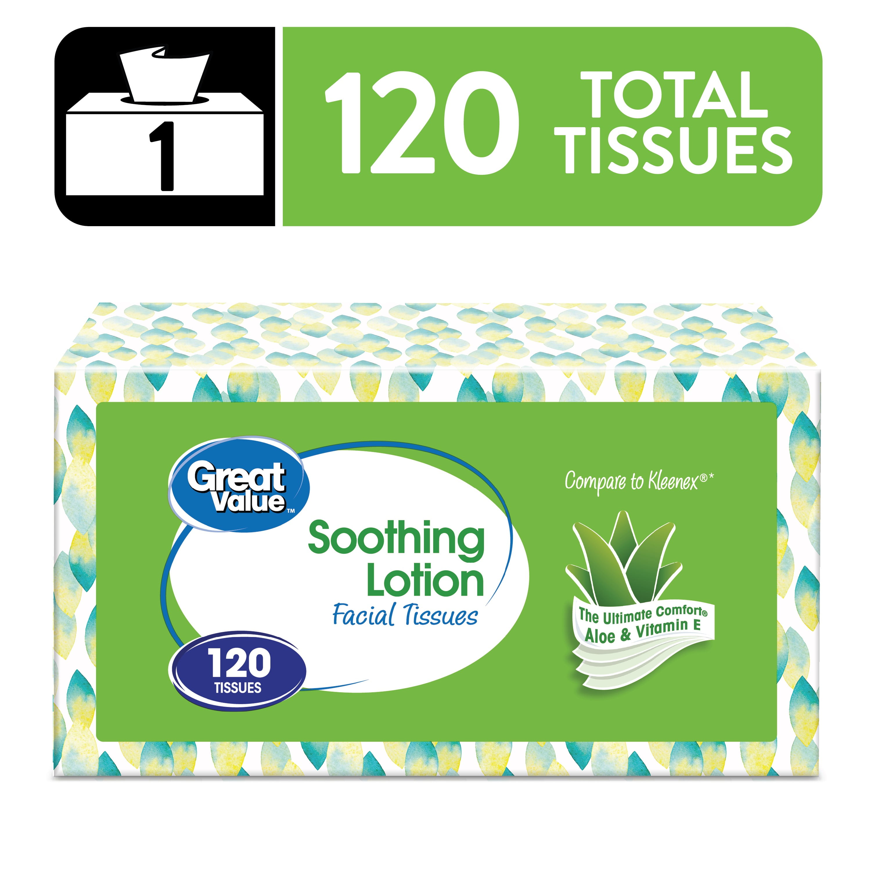 Great Value Soothing Lotion Facial Tissues, 1 Flat Carton, 120 Tissues per Flat, 3-Ply