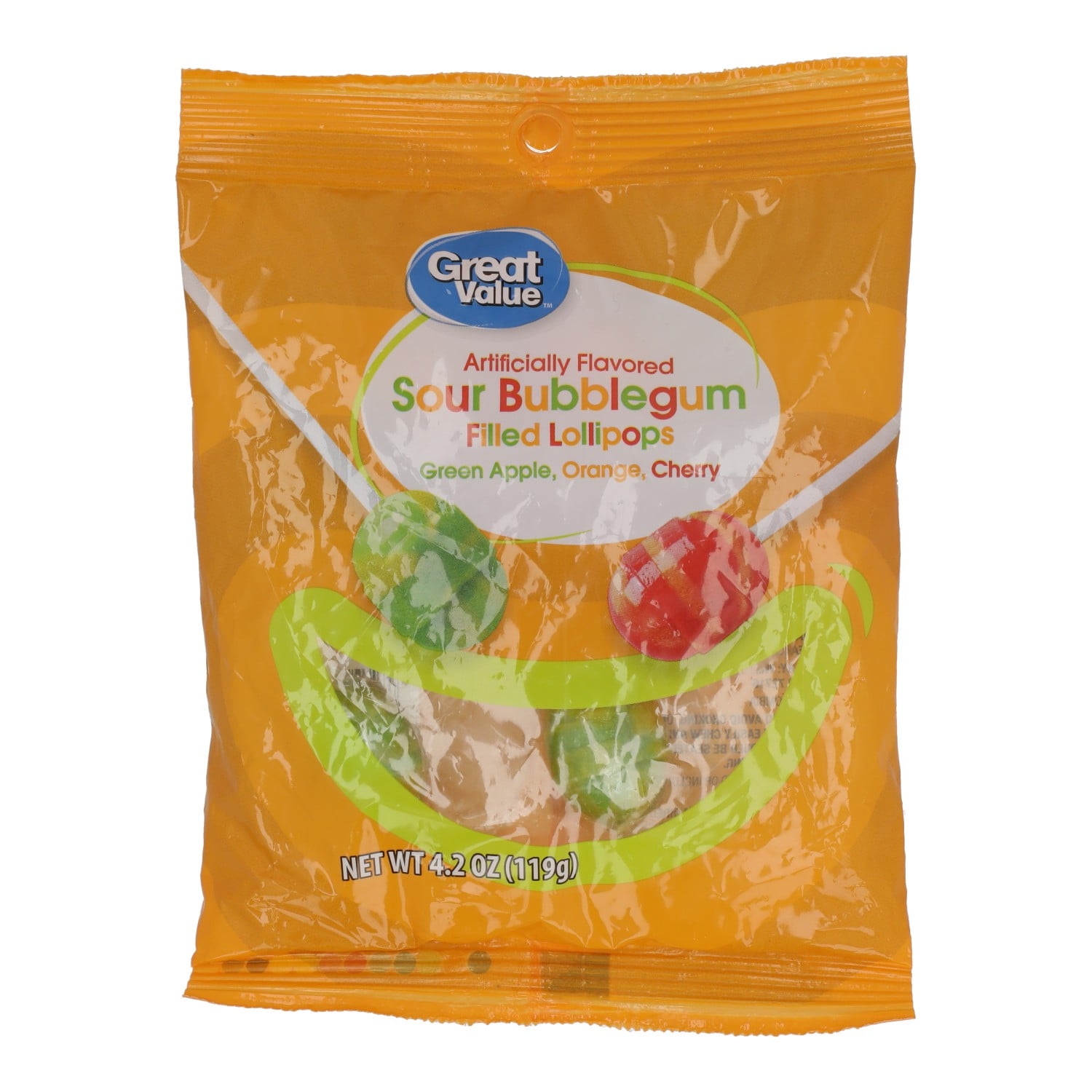 Great Value Sour Bubblegum Filled Lollipops, Green Apple, Orange, Cherry, 4.2 oz