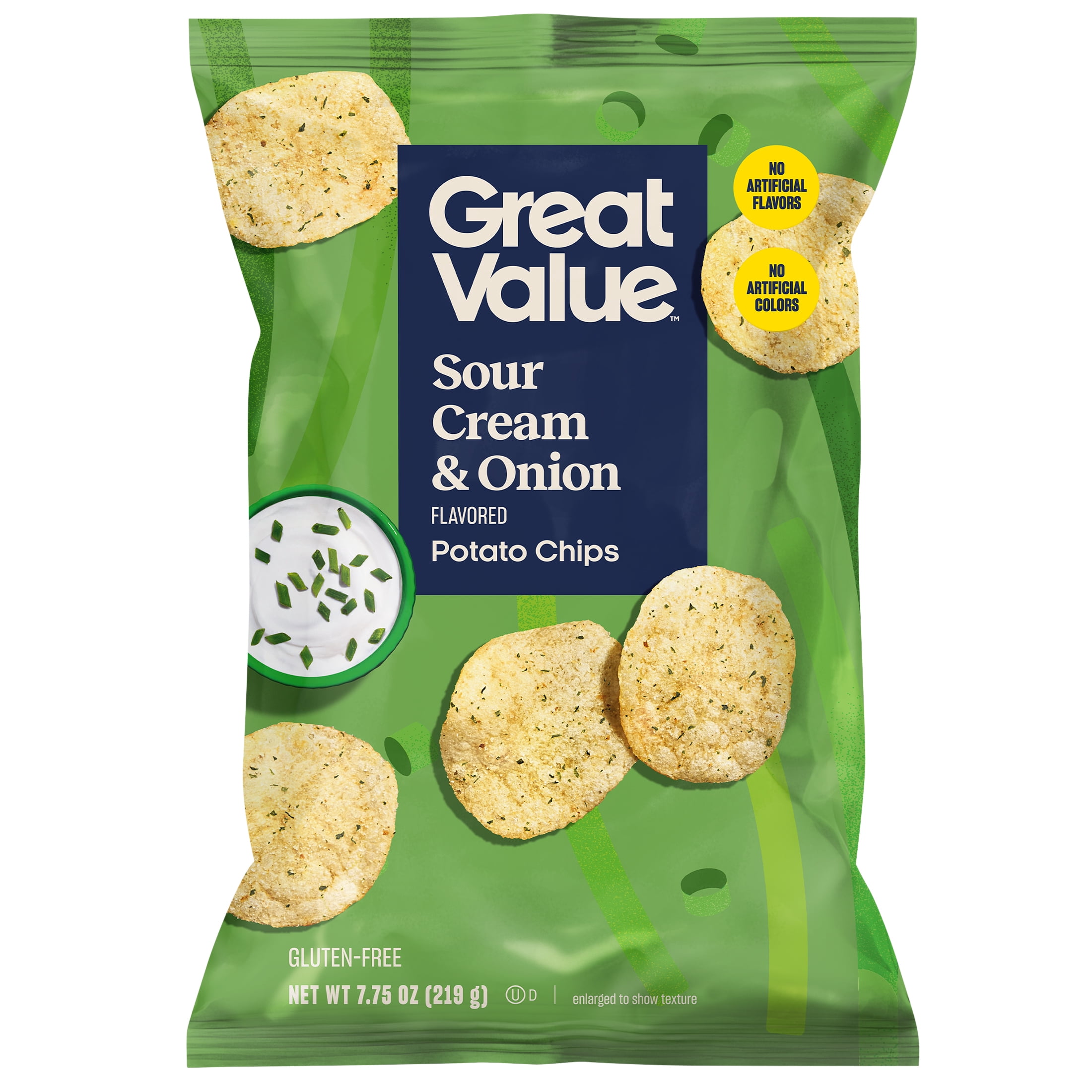 Great Value Sour Cream & Onion Flavored Potato Chips, 7.75 oz Bag