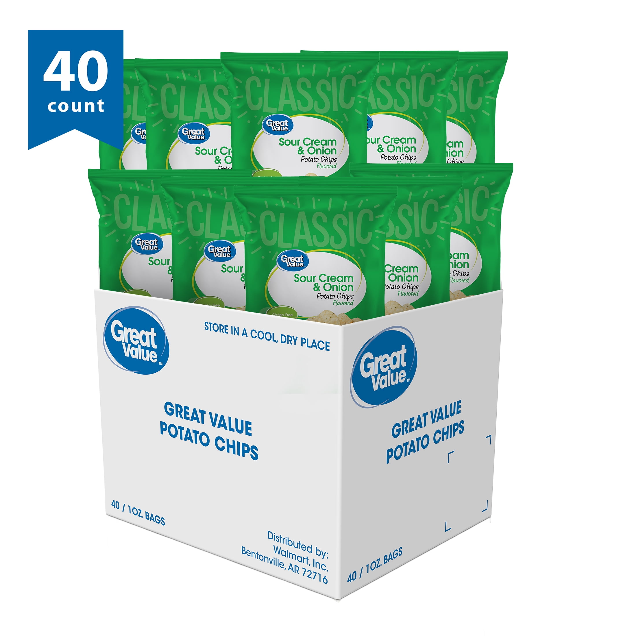 Great Value Sour Cream & Onion Potato Chips, 1 oz (Pack of 40