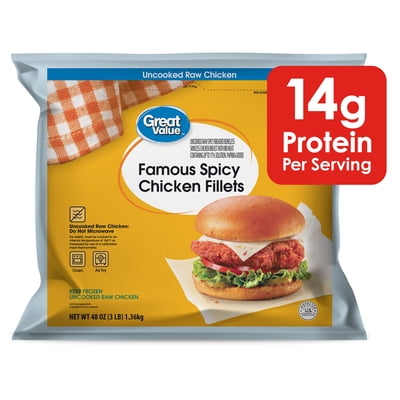 Great Value Spicy Famous Fillet, Ready to Cook Breaded Chicken Breasts, 14g Protein, 3 lb (Frozen)