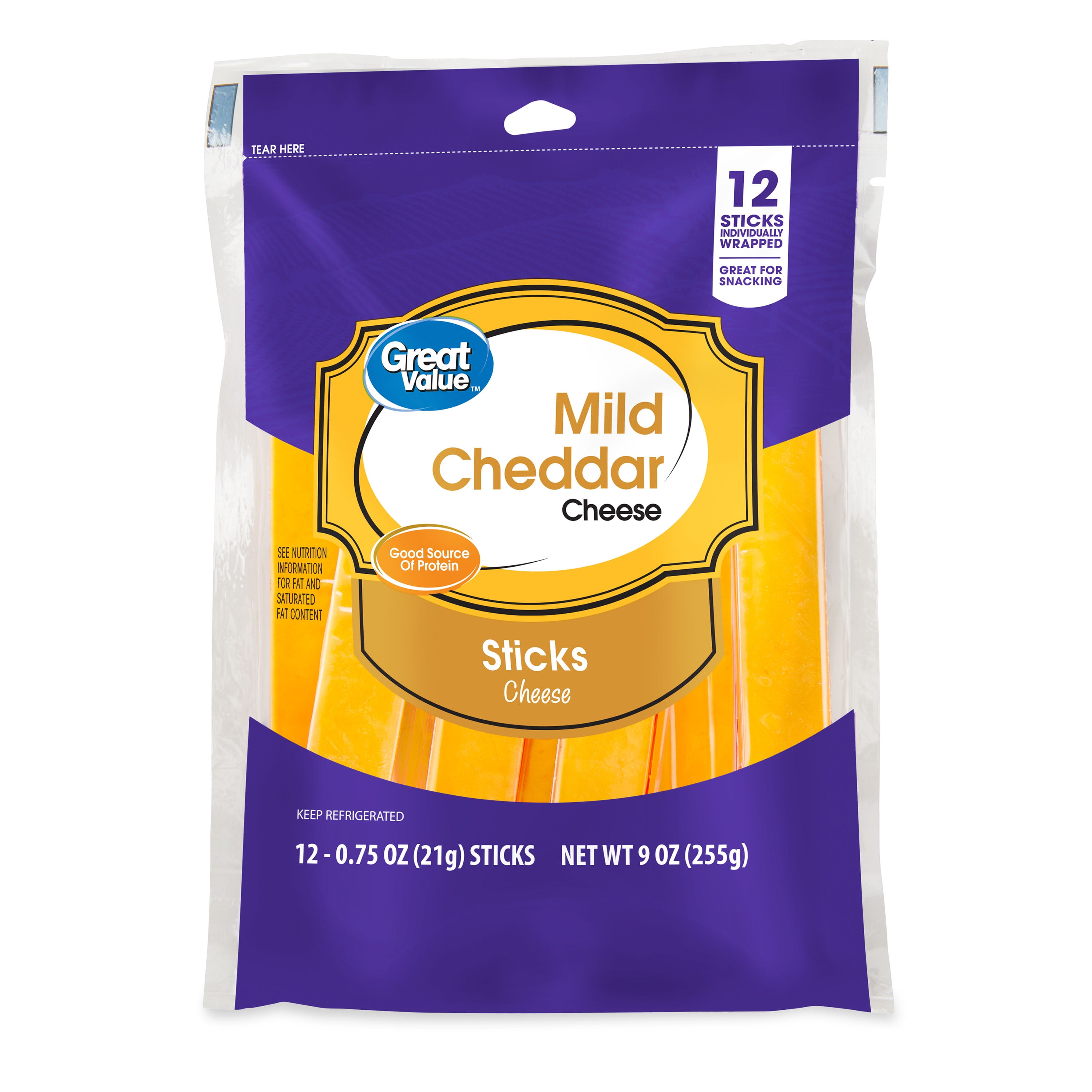 Great Value Sticks Mild Cheddar Cheese, 9 oz Bag, 12 Count