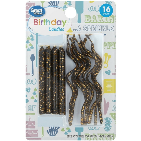 Great Value Straight & Wavy Birthday Candles, Black & Gold, 16 Count