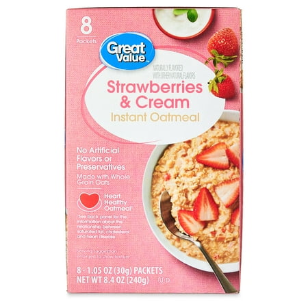 Great Value Strawberries & Cream Instant Oatmeal, 1.05 oz, 8 Count