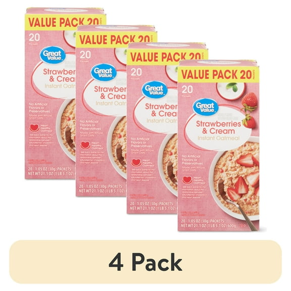 (4 pack) Great Value Strawberries & Cream Instant Oatmeal Value Pack, 1.05 oz, 20 Packets