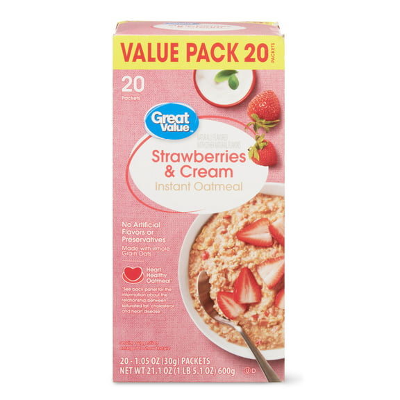Great Value Strawberries & Cream Instant Oatmeal Value Pack, 1.05 oz, 20 Packets