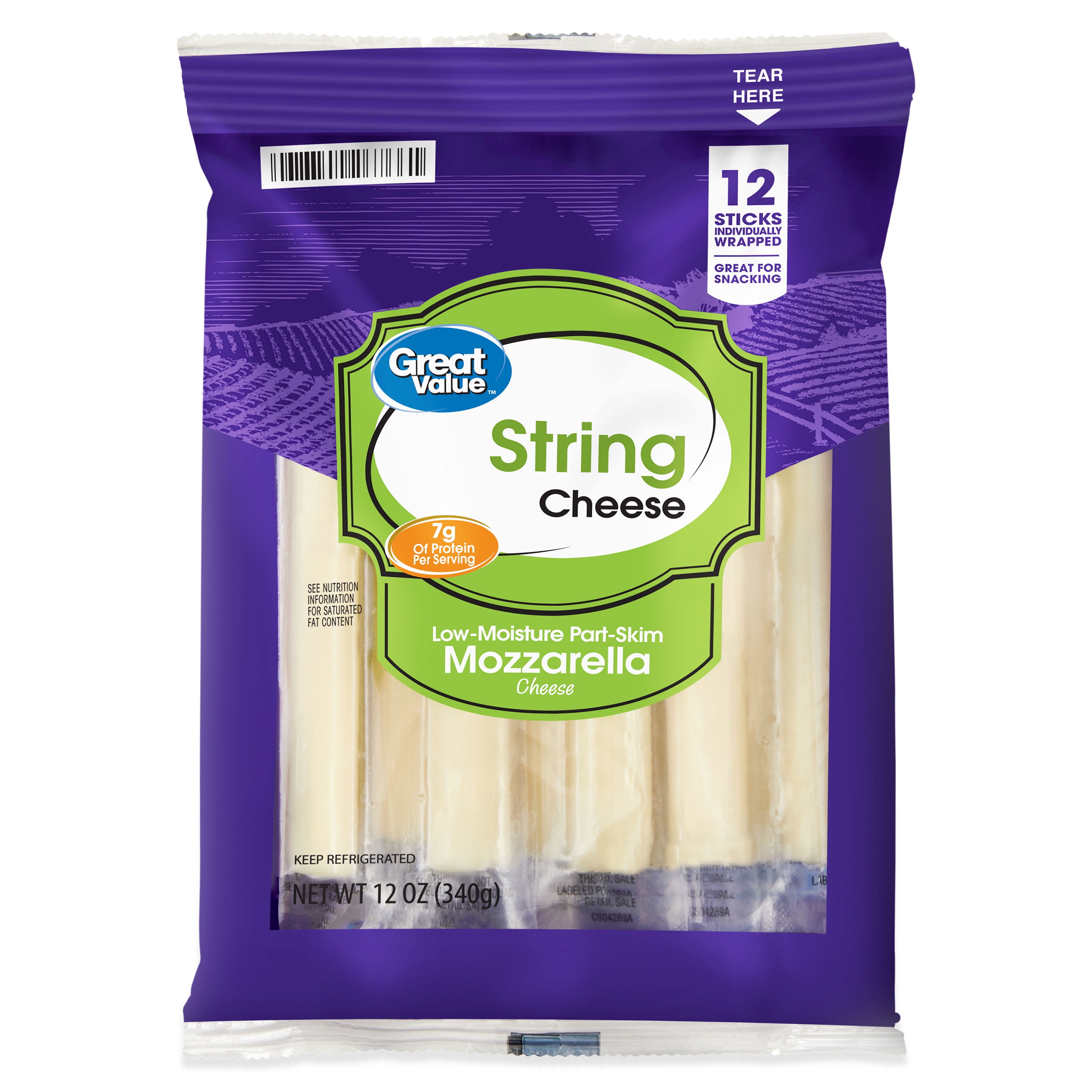Great Value String Low-Moisture Part-Skim Mozzarella Cheese, 12 oz Bag, 12 Sticks