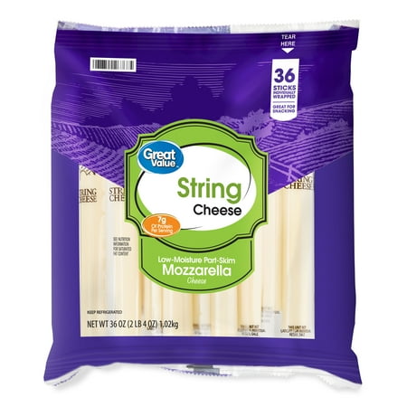 Great Value Low-Moisture Part-Skim Mozzarella String Cheese Snack, 36 oz Bag, 36 Cheese Sticks