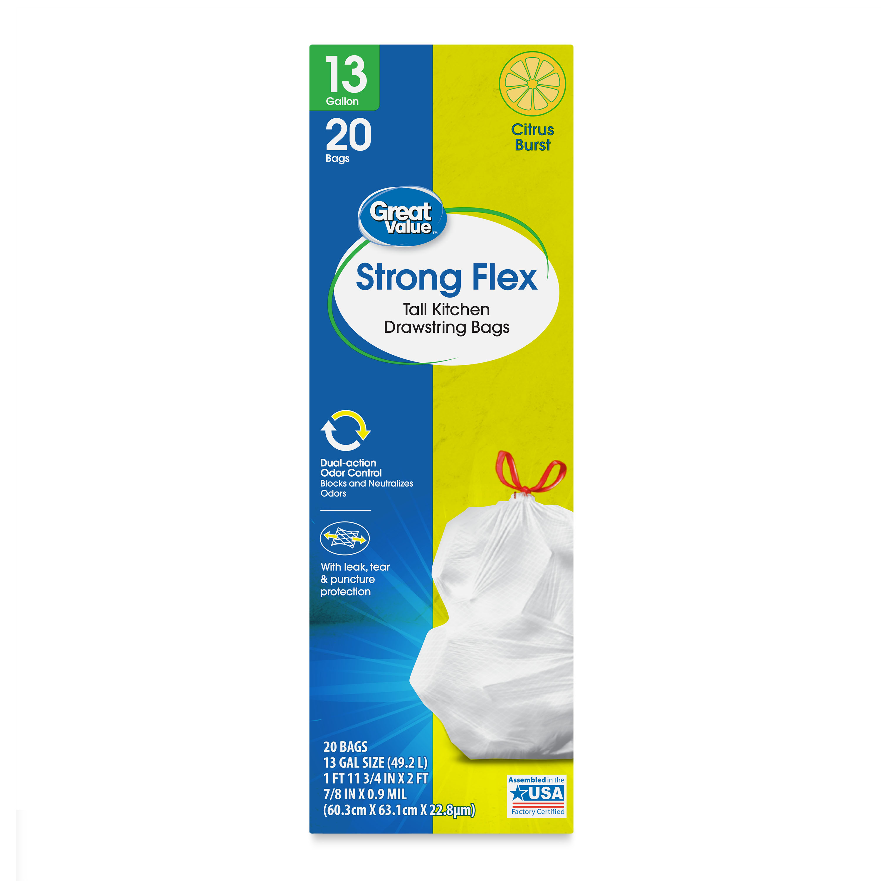 Great Value Strong Flex 13-Gallon Drawstring Tall Kitchen Trash Bags, Citrus Burst, 20 Count - image 1 of 8