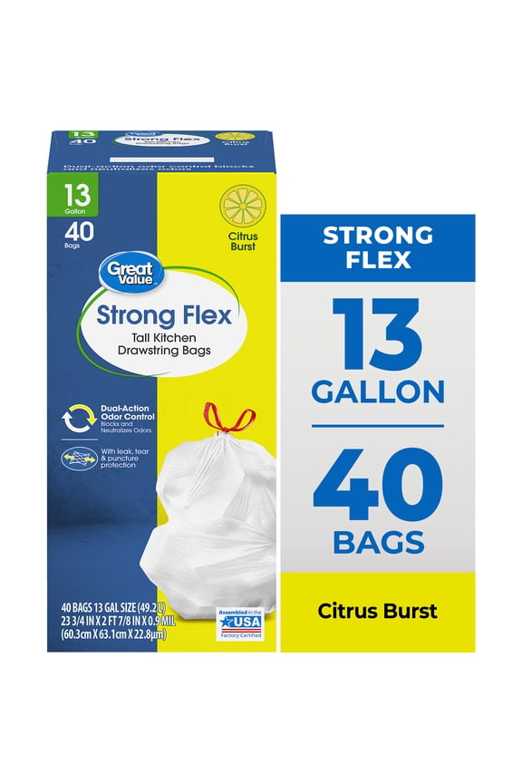 Strong Flex 13-Gallon Drawstring Tall Kitchen Trash Bags, Citrus Burst, 40 Count