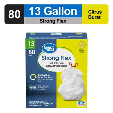 Great Value Strong Flex 13-Gallon Drawstring Tall Kitchen Trash Bags, Citrus Burst, 80 Count