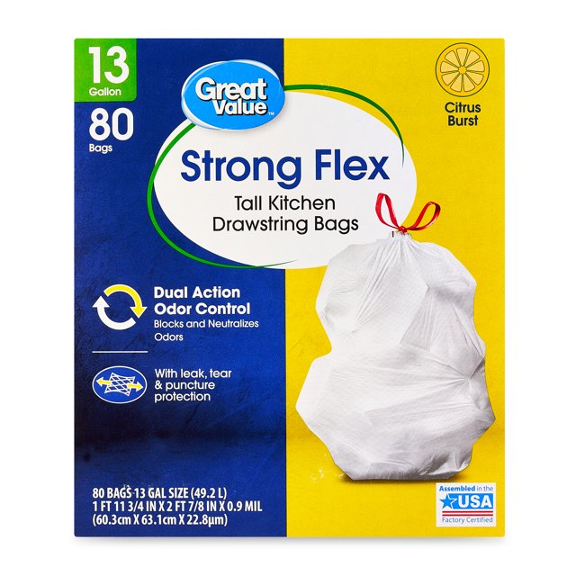 Great Value Strong Flex 13Gallon Drawstring Tall Kitchen Trash Bags