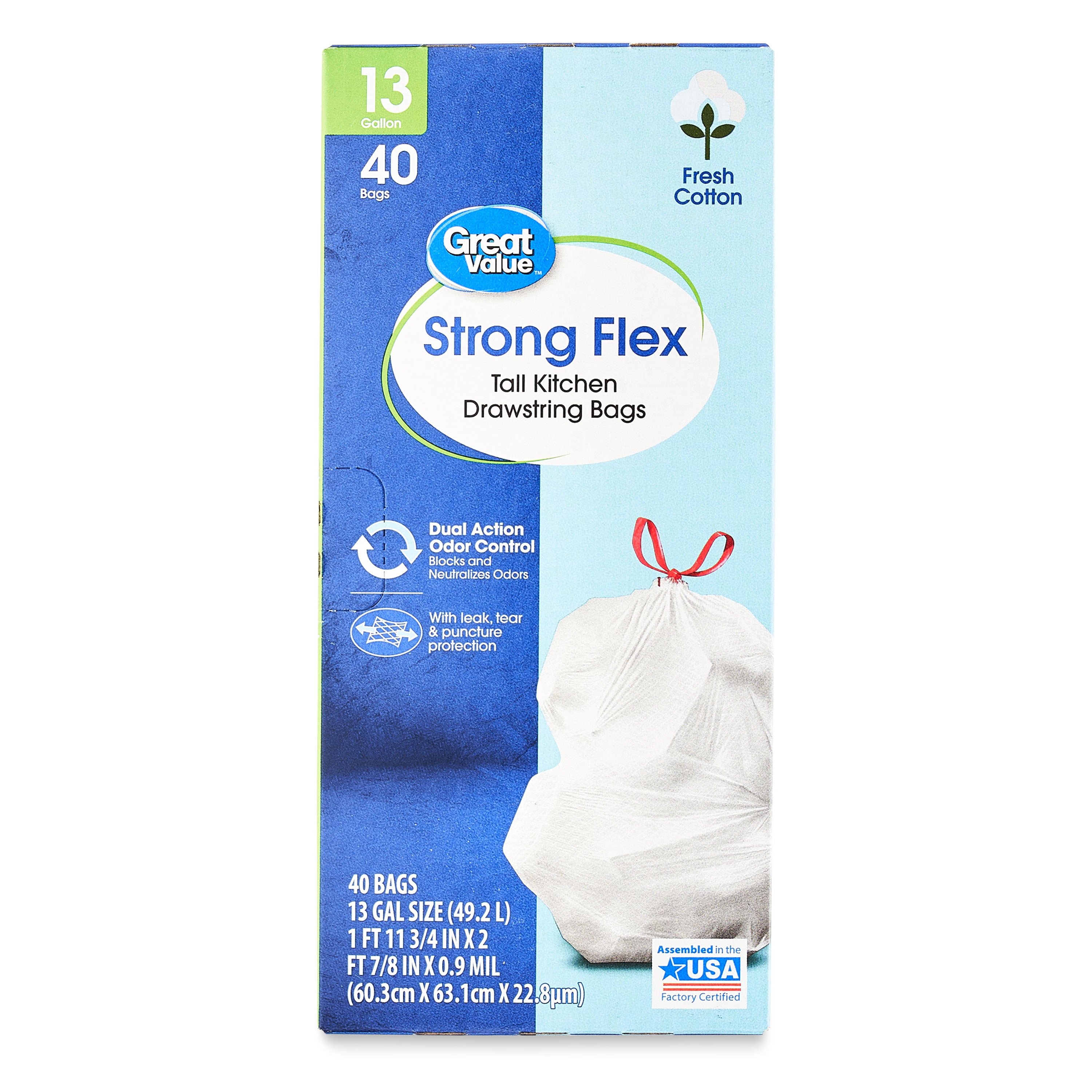 Great Value Strong Flex 13-Gallon Drawstring Tall Kitchen Trash Bags, Fresh Scent, 120 Bags