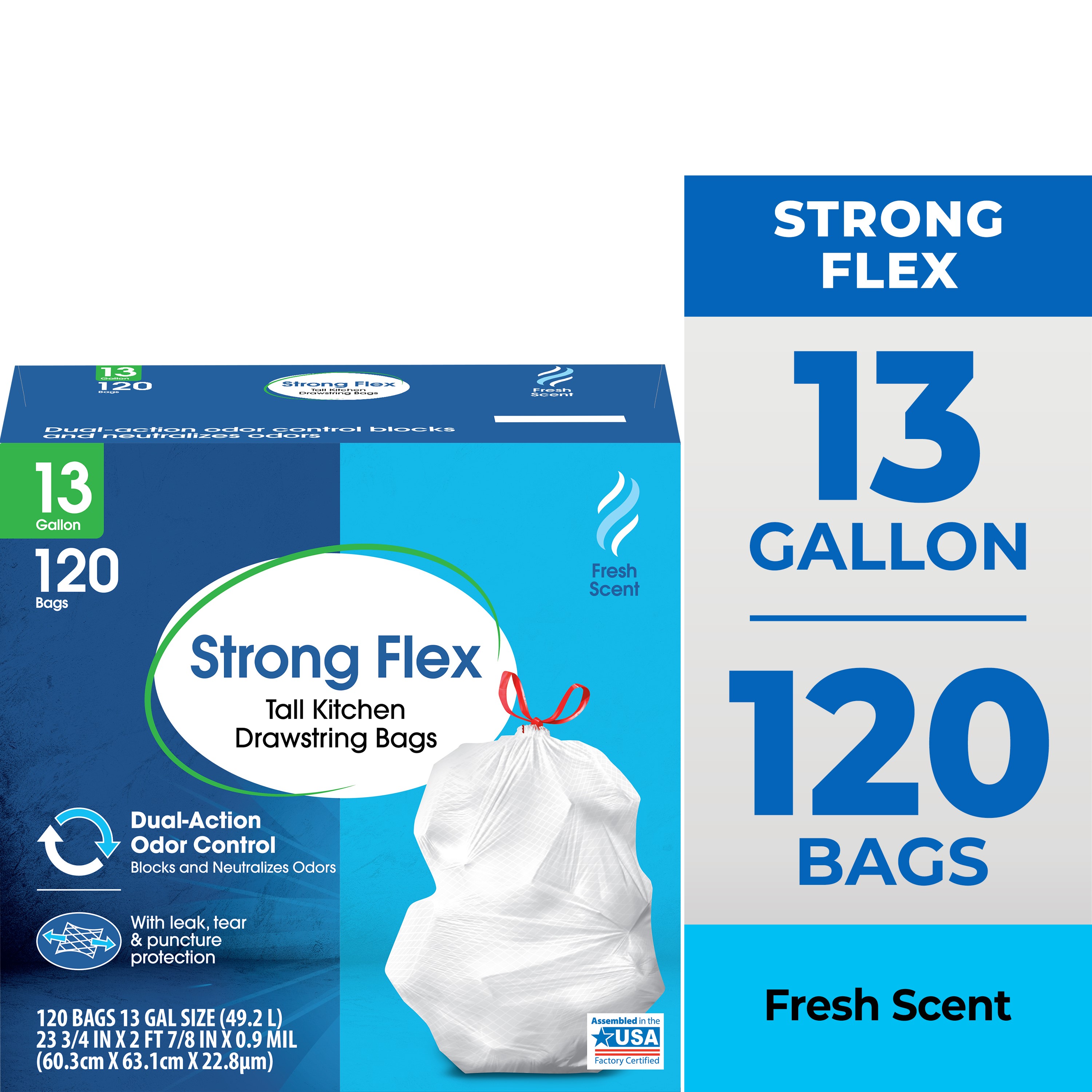 Great Value Strong Flex 13-Gallon Drawstring Tall Kitchen Trash Bags, Fresh Scent, 120 Bags