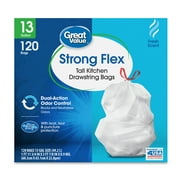 Great Value Strong Flex 13-Gallon Drawstring Tall Kitchen Trash Bags, Fresh Scent, 120 Bags
