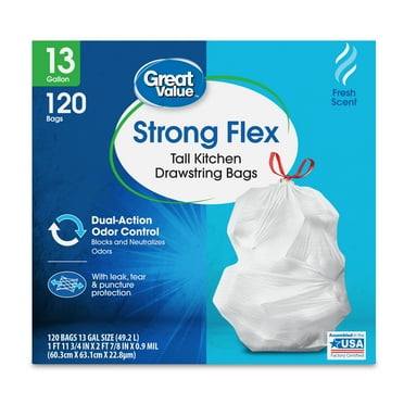 Great Value Strong Flex 13-Gallon Drawstring Tall Kitchen Trash Bags, Fresh Scent, 120 Bags