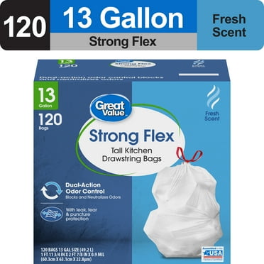 Great Value Strong Flex 13-Gallon Drawstring Tall Kitchen Trash Bags, Fresh Scent, 120 Bags