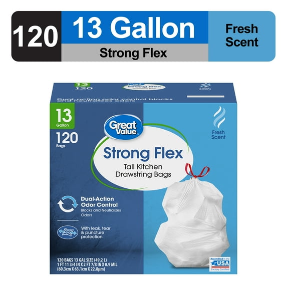 Great Value Strong Flex 13-Gallon Drawstring Tall Kitchen Trash Bags, Fresh Scent, 120 Bags