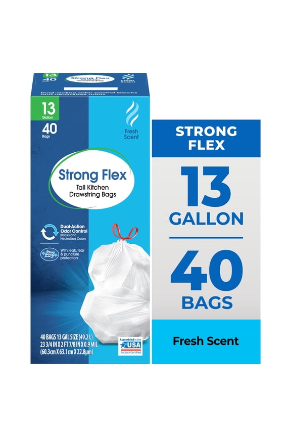 Strong Flex 13-Gallon Drawstring Tall Kitchen Trash Bags, Fresh Scent, 40 Bags