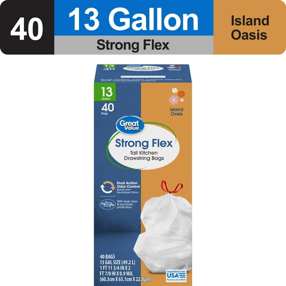 Great Value Strong Flex 13-Gallon Drawstring Tall Kitchen Trash Bags, Island Oasis, 40 Count