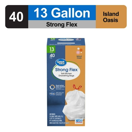 Great Value Strong Flex 13-Gallon Drawstring Tall Kitchen Trash Bags, Island Oasis, 40 Count