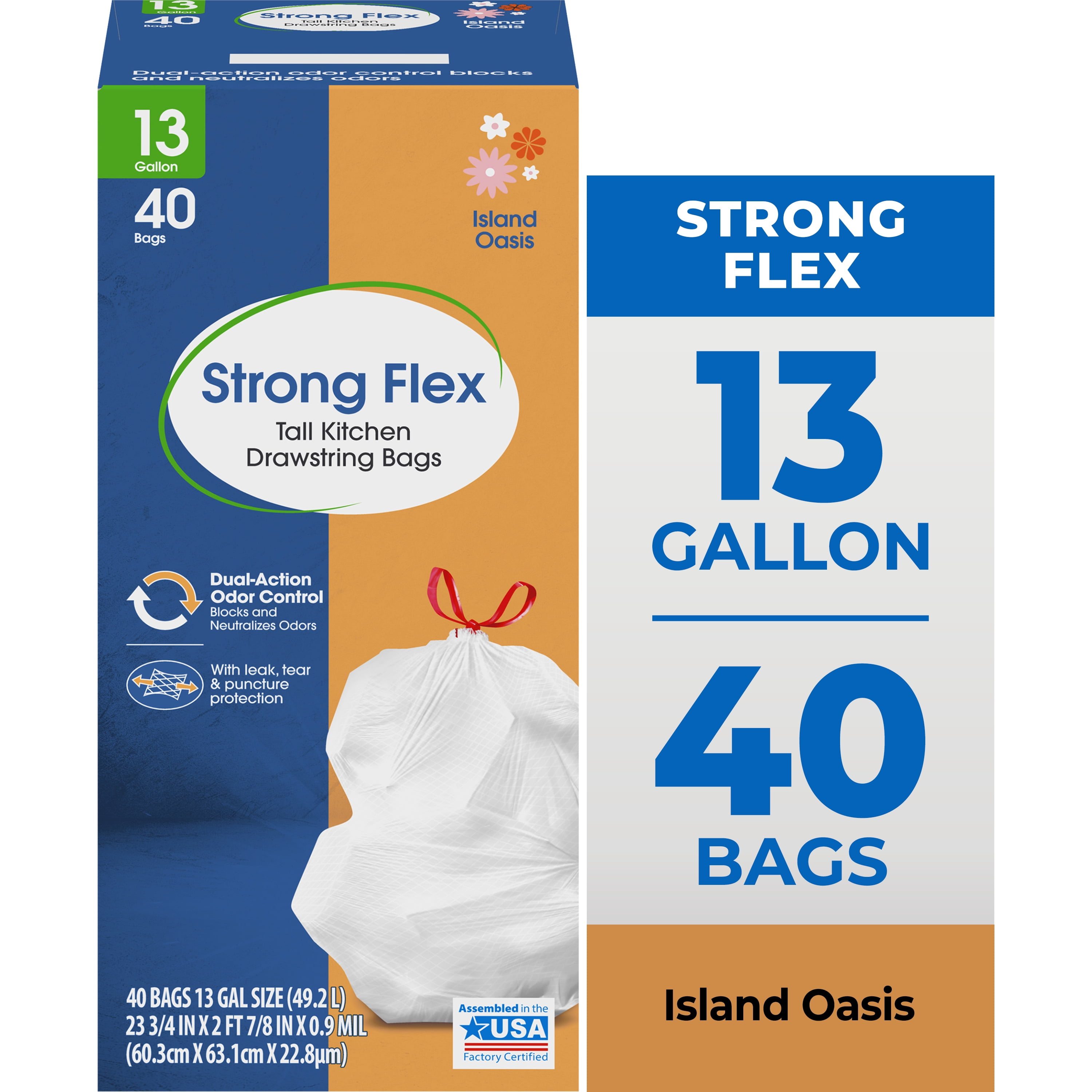 Great Value Strong Flex 13-Gallon Drawstring Tall Kitchen Trash Bags, Island Oasis, 40 Count