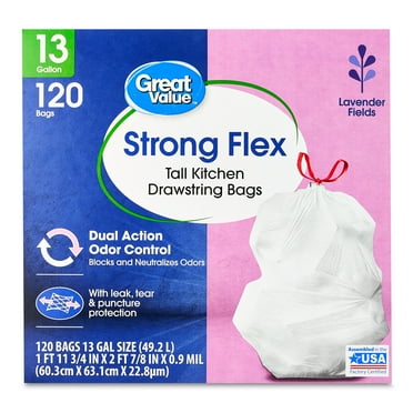 Great Value Strong Flex 13-Gallon Drawstring Tall Kitchen Trash Bags, Lavender Fields, 120 Bags