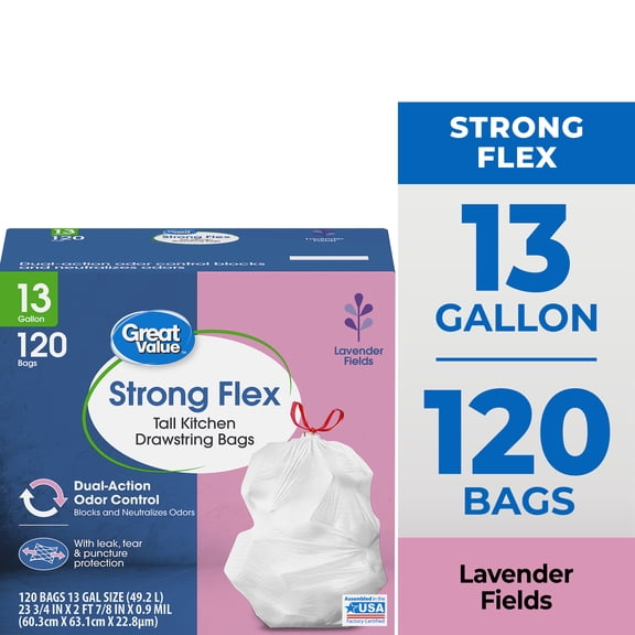 Great Value Strong Flex 13-Gallon Drawstring Tall Kitchen Trash Bags, Lavender Fields, 120 Bags