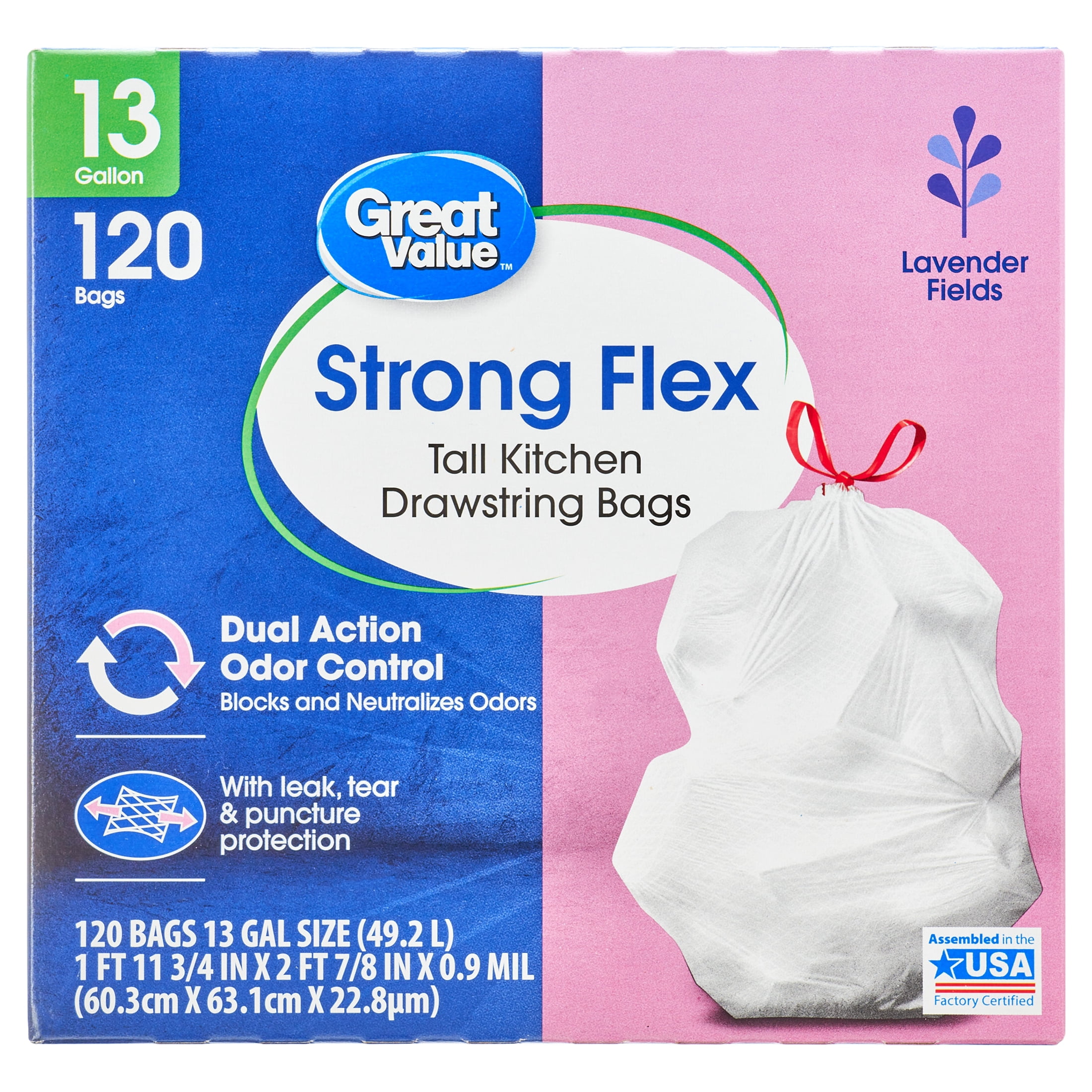 Great Value Strong Flex 13Gallon Drawstring Tall Kitchen Trash Bags