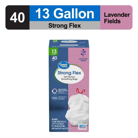 Great Value Strong Flex 13-Gallon Drawstring Tall Kitchen Trash Bags, Lavender Fields, 40 Bags