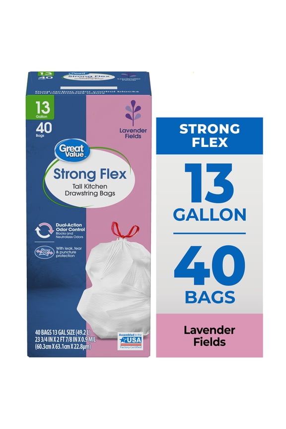 Strong Flex 13-Gallon Drawstring Tall Kitchen Trash Bags, Lavender Fields, 40 Bags