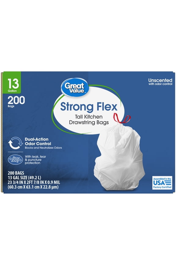 13-Gallon Strong Flex Tall Kitchen Drawstring Trash Bags, 200 Count