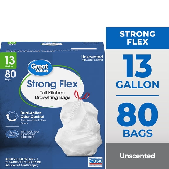 Great Value Strong Flex 13 Gallon Drawstring Tall Kitchen Trash Bags, Unscented, 80 Count
