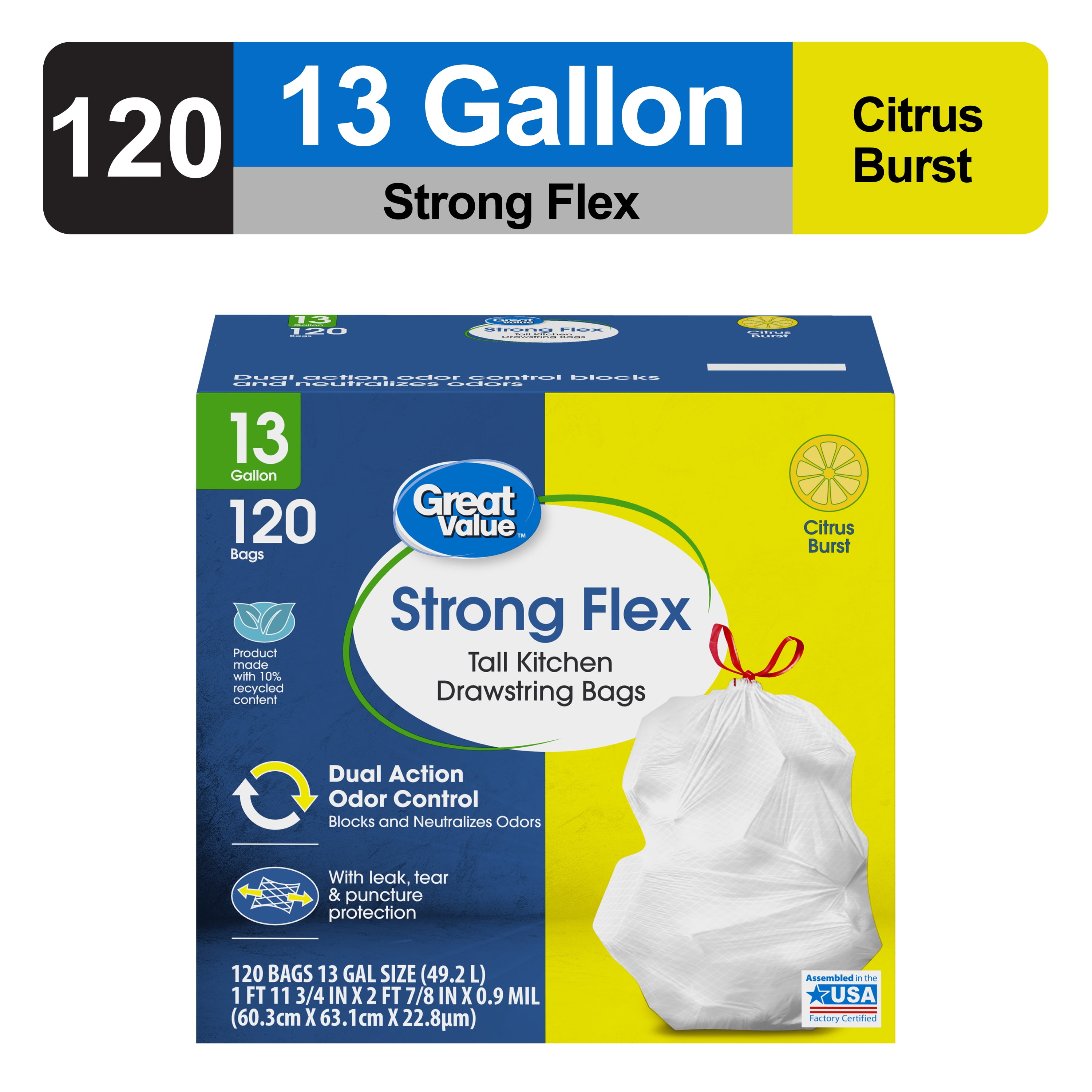 Great Value 13-Gallon Drawstring Strong Flex Tall Kitchen Trash