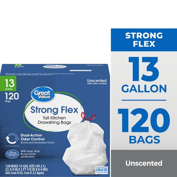 Great Value Strong Flex 13-Gallon Tall Kitchen Drawstring Trash Bags, Unscented, 120 Bags