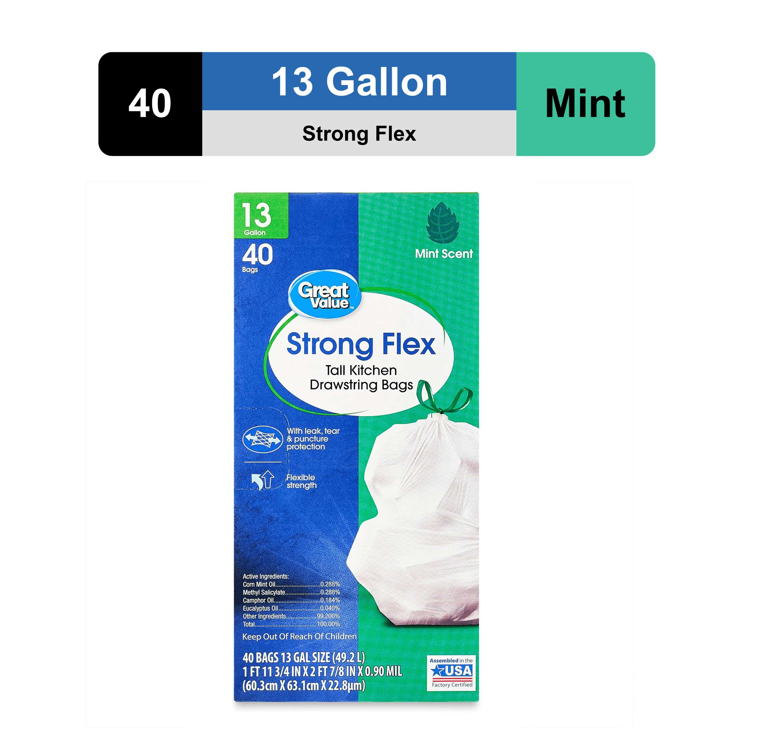 Great Value Strong Flex Tall Kitchen Drawstring Bags, Mint Scent