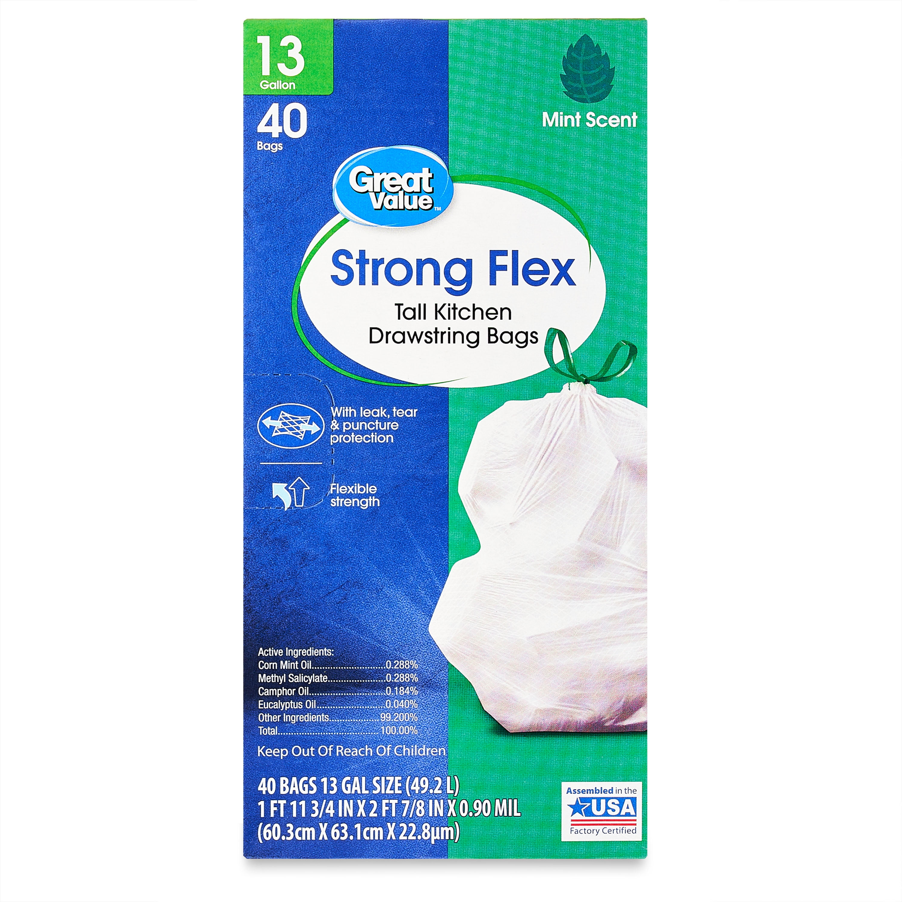 Great Value Strong Flex 13 Gallon Tall Kitchen Trash Bags, Mint Scent, 40  Count 