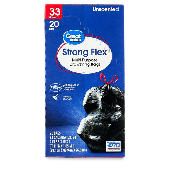 Great Value Strong Flex 33-Gallon Drawstring Multi-Purpose Bags, Unscented, 20 Bags