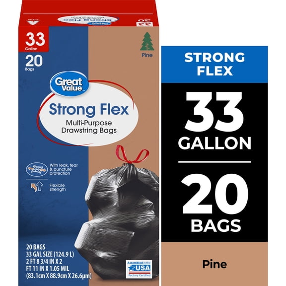 Great Value Strong Flex 33-Gallon Drawstring Multi-Purpose Trash Bags, Pine Scent, 20 Bags
